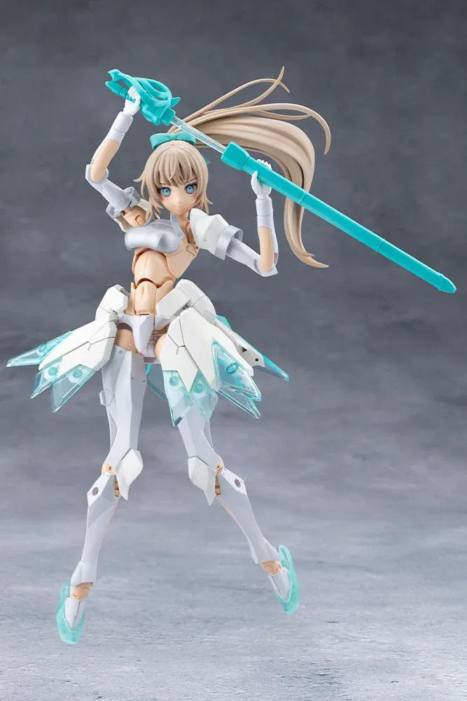 Megalomaria Unlimited Universe Emulator model kit wearing white armor with translucent teal parts and wielding teal weapons.