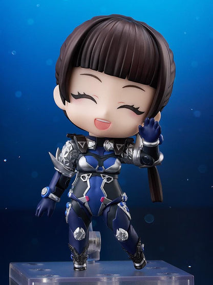 The First Descendant Nendoroid Bunny Figure with blue and silver futuristic armor, bunny helmet, pink visor, and chibi design