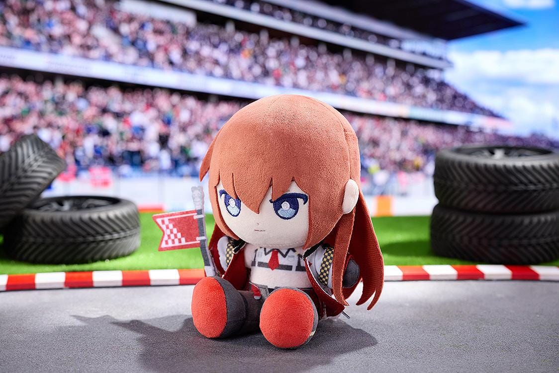 STEINS;GATE Kurisu Makise Racing Ver. Punipuni Plushie seated with reddish-brown hair, blue embroidered eyes, a racing outfit, and a red flag.