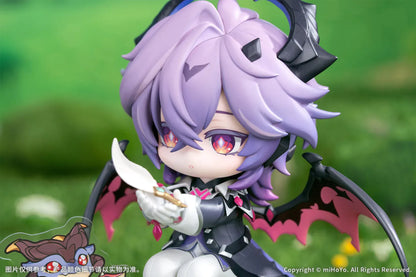 Genshin Impact Durin Floral Wanderings ver. with Bonus Non Scale Figure featuring Durin with lavender hair, horns, bat-like wings, books, companion illustration, and themed display base.