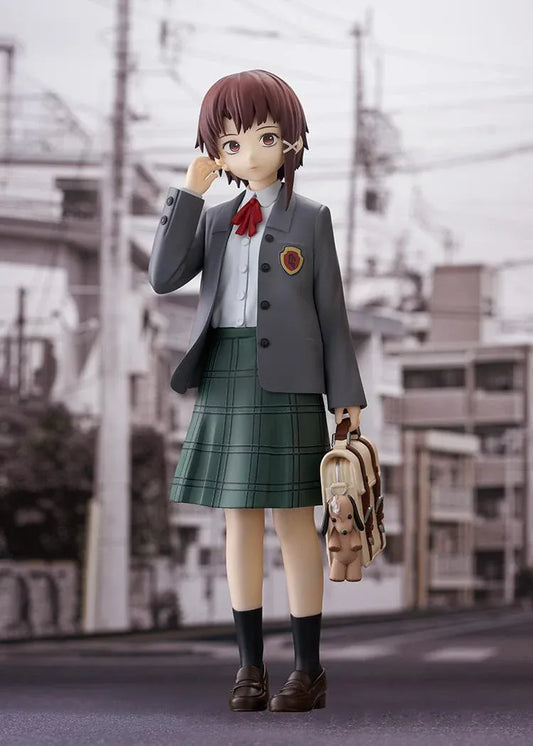 Lain Iwakura POP UP PARADE L Size figure in a gray blazer and green plaid skirt, holding a cream-colored school bag with a dog charm.