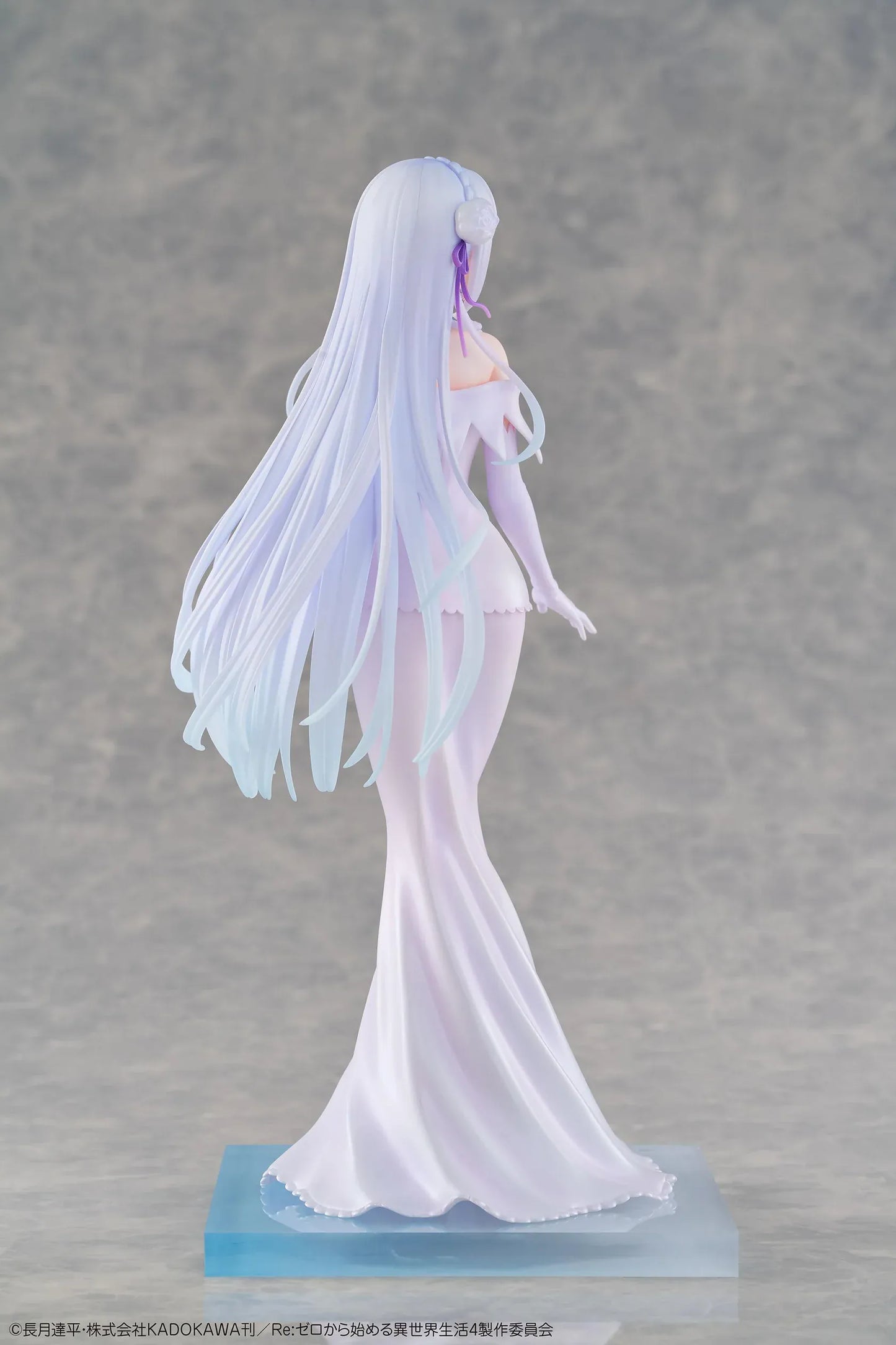 Re Zero Emilia Wedding Dress Ver. 1/7 Scale Figure wearing an elegant flowing white bridal gown with silver hair and floral accessories