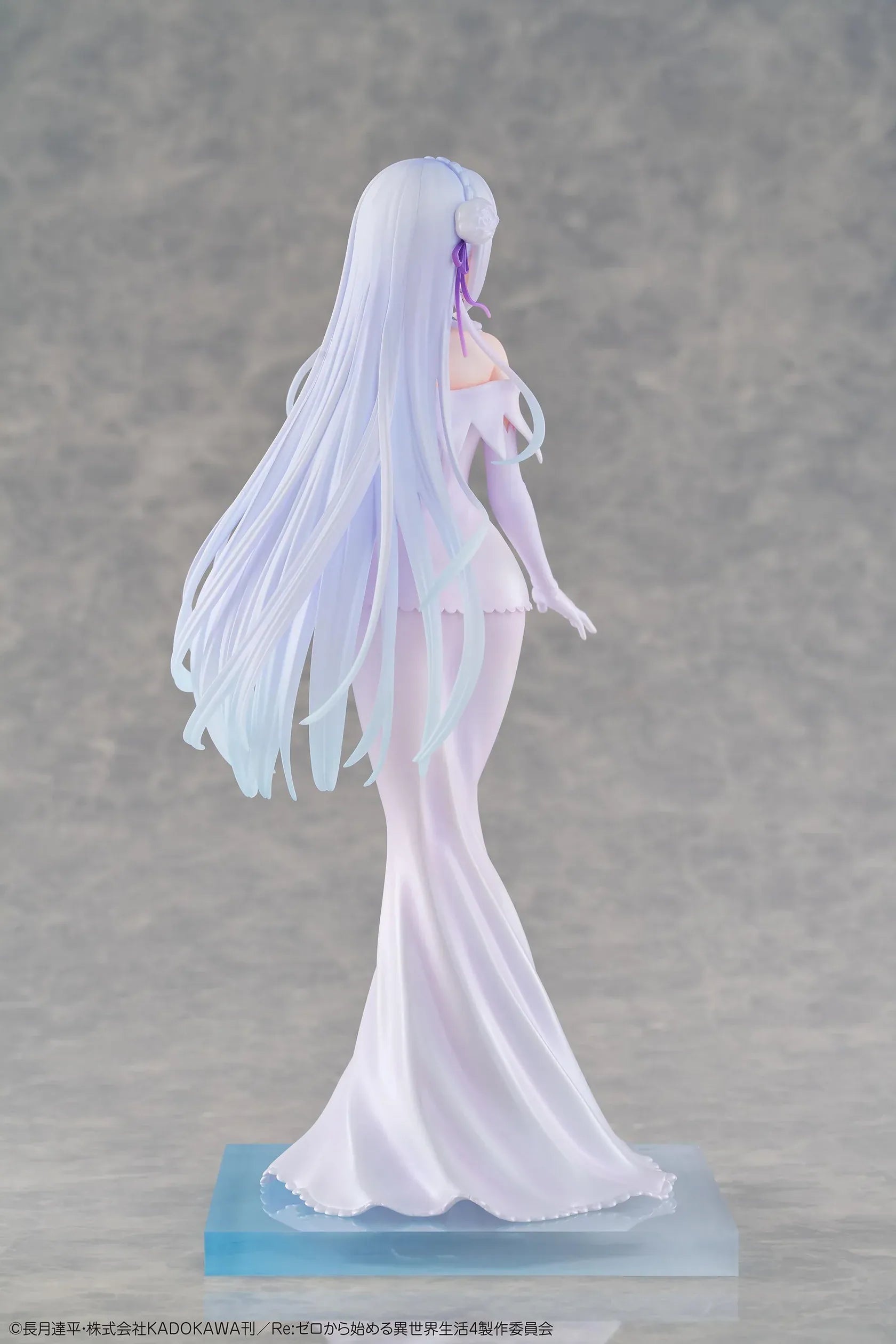 Re Zero Emilia Wedding Dress Ver. 1/7 Scale Figure wearing an elegant flowing white bridal gown with silver hair and floral accessories
