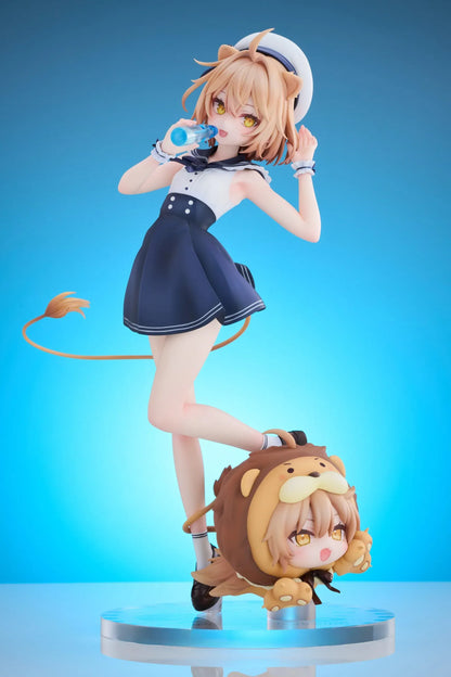 Rurudo Lion Marine Sailor Ver. figure in a navy and white sailor dress and hat, holding a blue bottle beside a chibi lion companion.