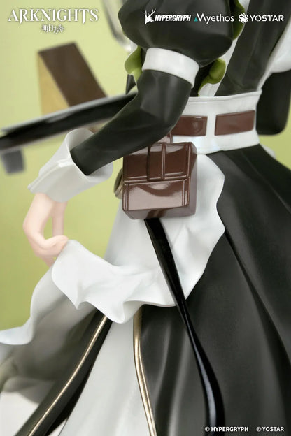 Kal'tsit The Remains of Time Ver. figure wearing a flowing black and white maid dress and holding a serving tray on a translucent green base.