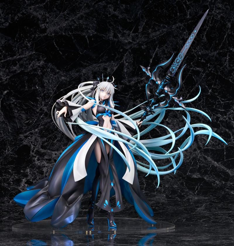 Fate Grand Order Berserker Morgan Le Fay Final Ascension Ver 1/7 Scale Figure with flowing silver hair and large black and blue weapon