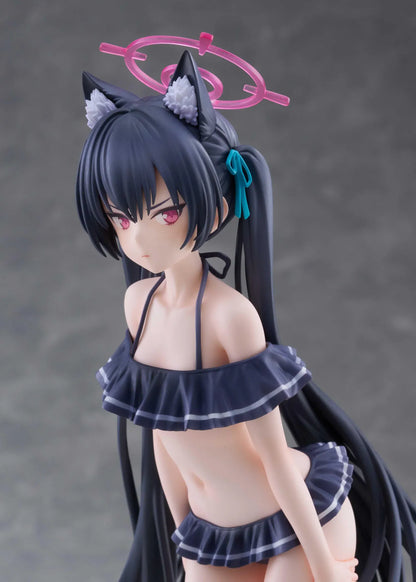 Blue Archive Serika Swimsuit 1/7 Scale Figure featuring Serika with long black hair, cat ears, dark frilled swimsuit, pink halo, platform sandals, and display base.