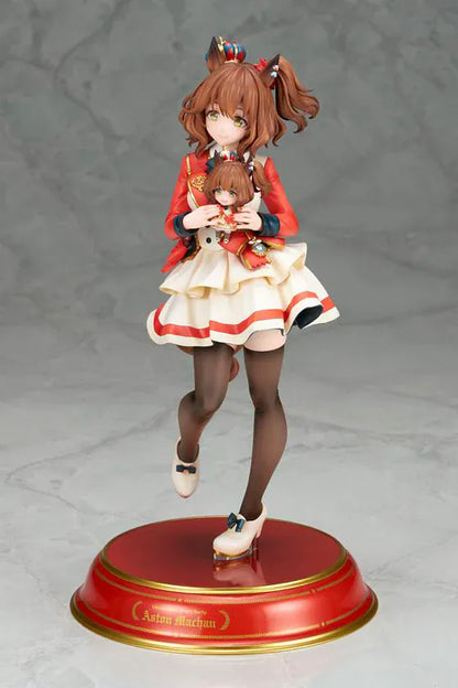 UmaMusume Pretty Derby Aston Machan 1/7 Scale Figure featuring Aston Machan with horse ears, short brown hair, red-and-cream outfit, plush doll accessory, and themed display base.