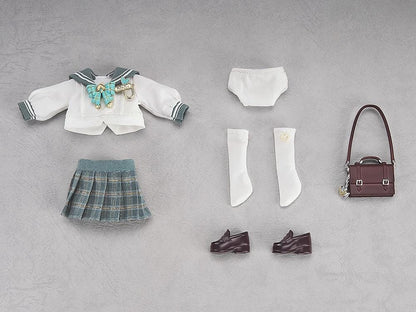 Honkai Star Rail Nendoroid Doll Firefly Spring Missive Ver. featuring silver-blonde hair, colorful eyes, a white sailor-style blouse, green plaid skirt, matching bow, cream knee-high socks, brown loafers, and a brown shoulder bag.