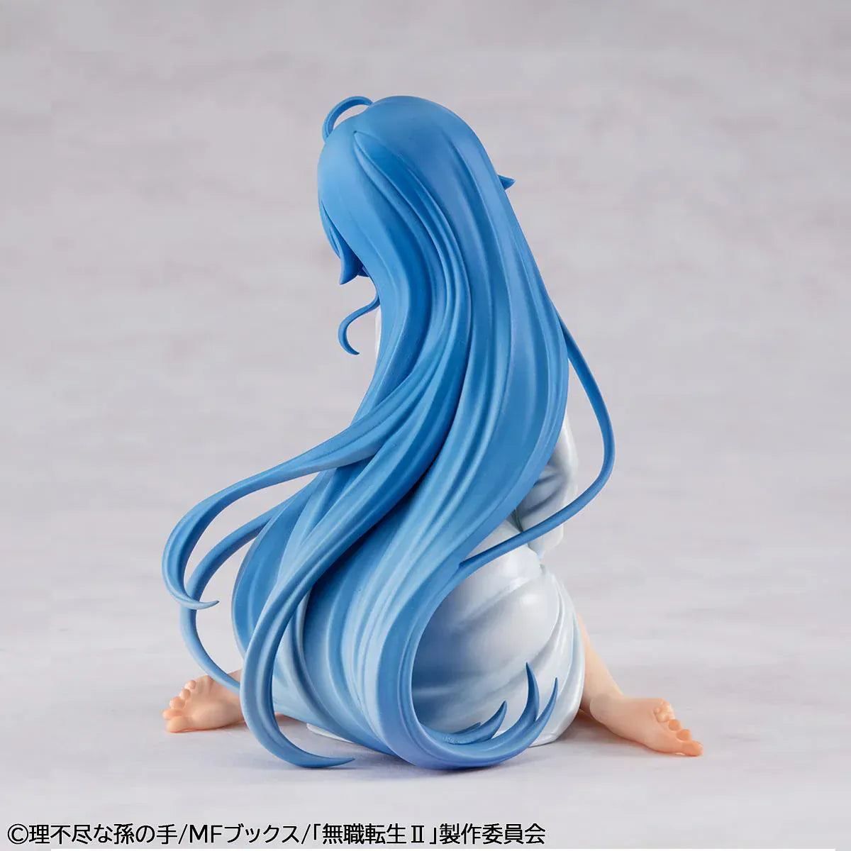 Mushoku Tensei Melty Princess Roxy Migurdia Peeping Ver. figure kneeling in oversized white shirt with long blue hair.