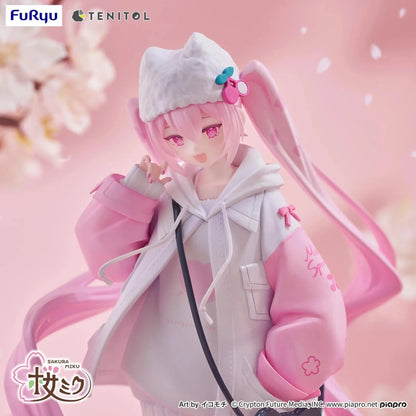 Vocaloid Tenitol Petit Sakura Miku Cool Style Figure featuring Sakura Miku in a pink and white hoodie outfit with twin-tails and a cat-shaped bag