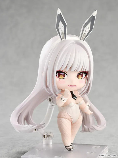 GODDESS OF VICTORY NIKKE Nendoroid Blanc Figure featuring Blanc in a white bunny outfit with long white hair, golden eyes, bunny ears, fishnet stockings, and weapon accessory.