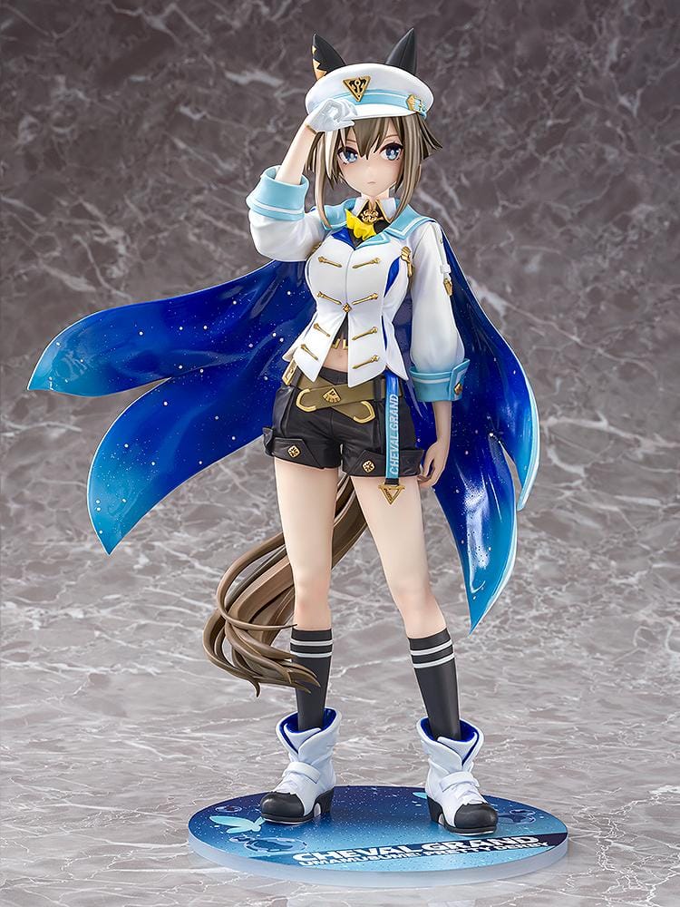 Umamusume Pretty Derby Cheval Grand 1/7 Scale Figure Rerelease featuring Cheval Grand with horse ears, blue-and-white race outfit, starry blue cape, cap, and sporty boots.