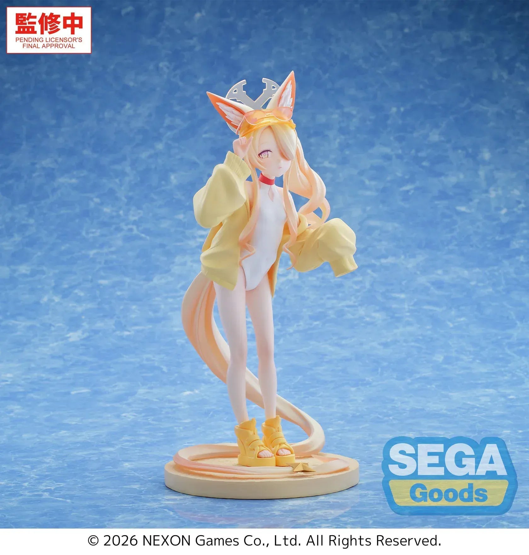 Seia swimsuit figure from Blue Archive with fox ears tail and oversized jacket standing on base