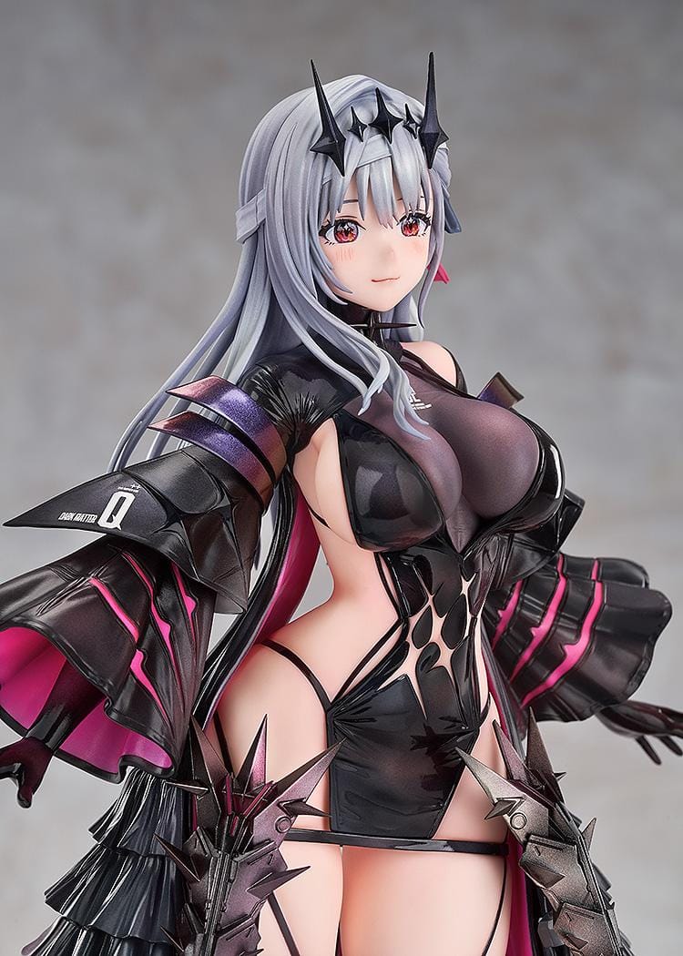 1/7 scale figure of Modernia from Goddess of Victory: Nikke in her Second Affection outfit, wearing a black coat with crimson lining and large mechanical wing units extending from her sides.