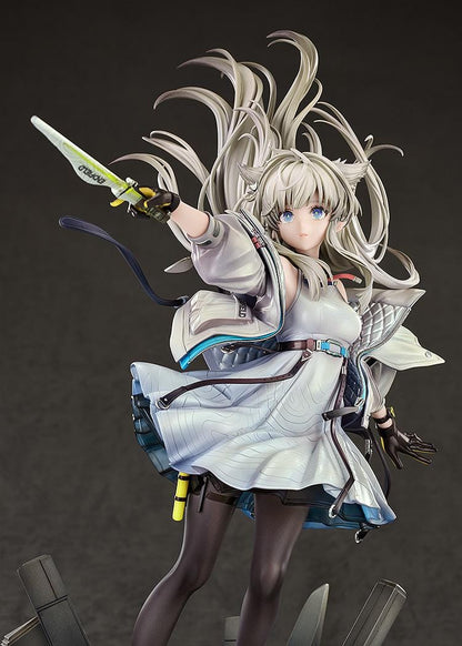 Arknights Endfield Perlica 1/7 Scale Figure featuring Perlica with flowing silver hair, animal ear details, futuristic white outfit, weapon accessory, and crystal-style display base.
