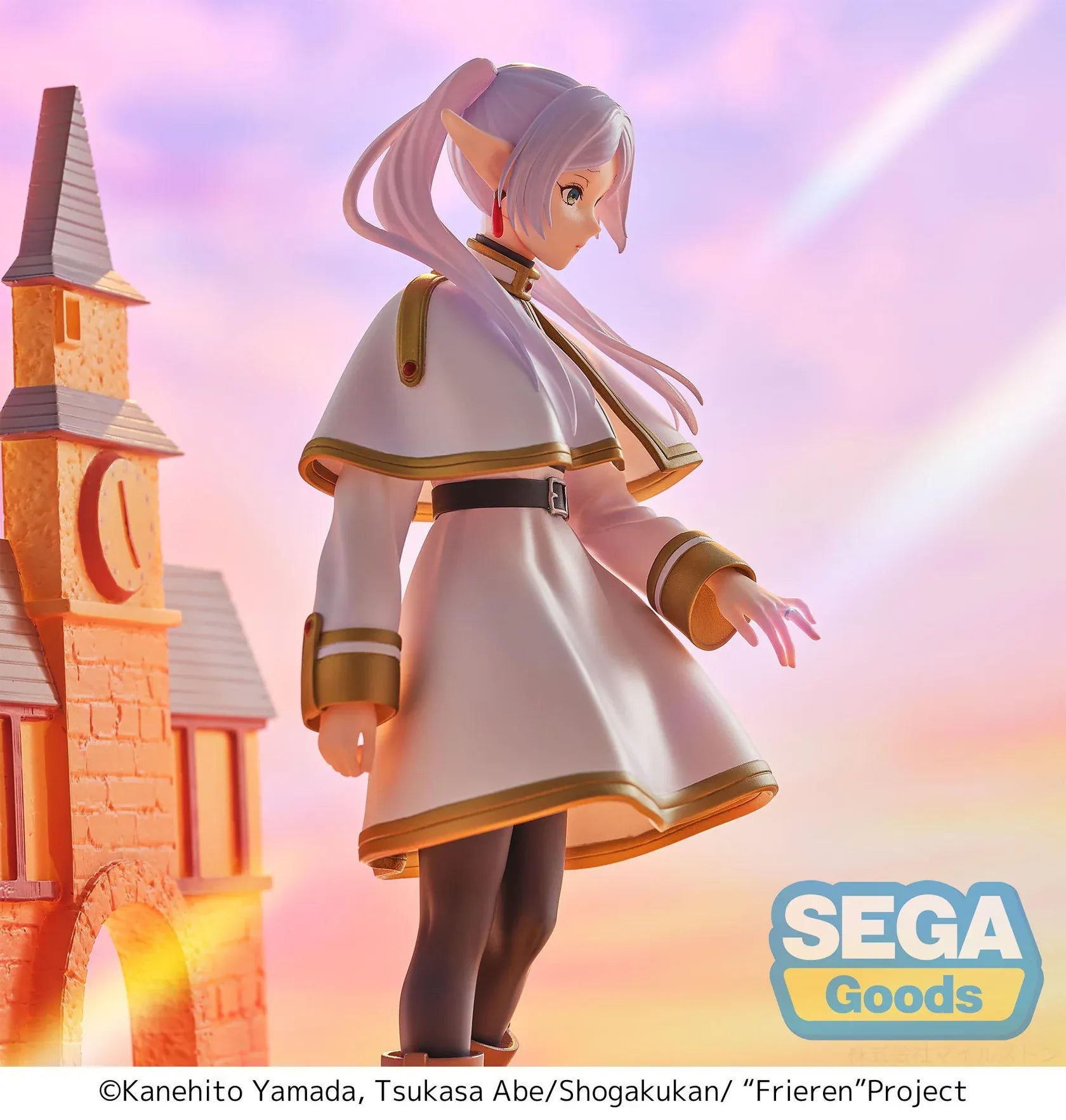 Frieren Beyond Journey's End Luminasta Frieren Eternal Love Figure with white and gold outfit and scenic building backdrop