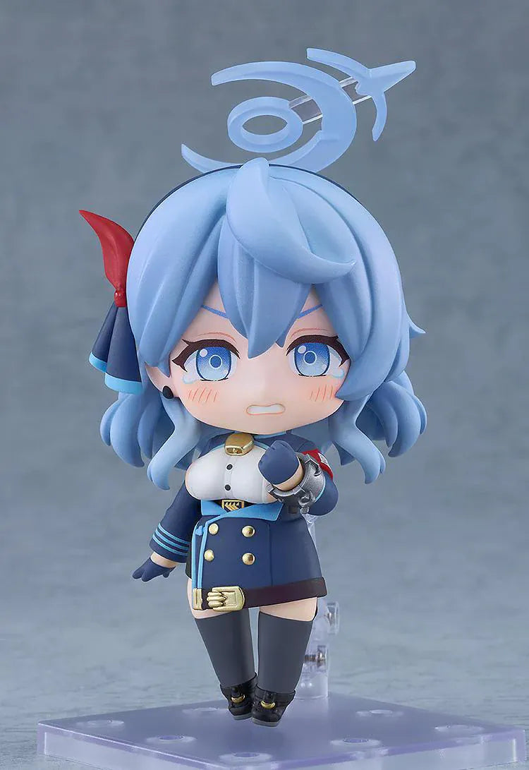 Blue Archive Nendoroid Ako Amau Figure with light blue hair, halo detail, navy uniform, paintbrush accessory, and chibi display base