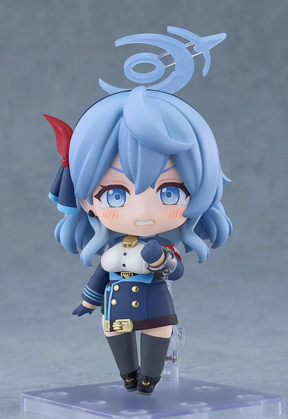 Blue Archive Nendoroid Ako Amau Figure with light blue hair, halo detail, navy uniform, paintbrush accessory, and chibi display base