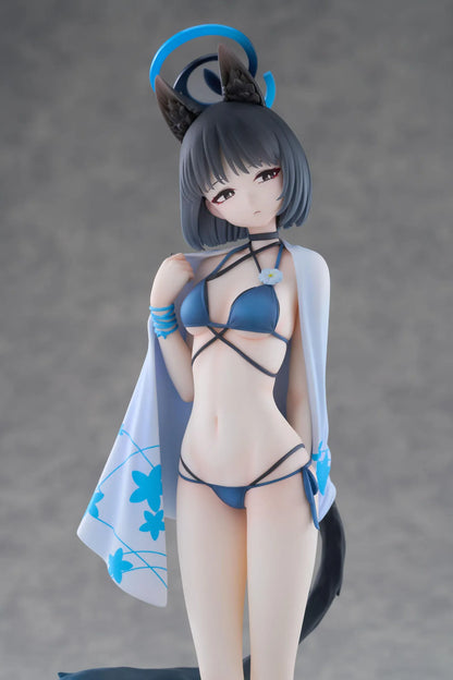 Blue Archive Kikyou Swimsuit 1/7 scale figure with a floral cover-up, pointed ears, blue halo, and twin tails on a circular base.