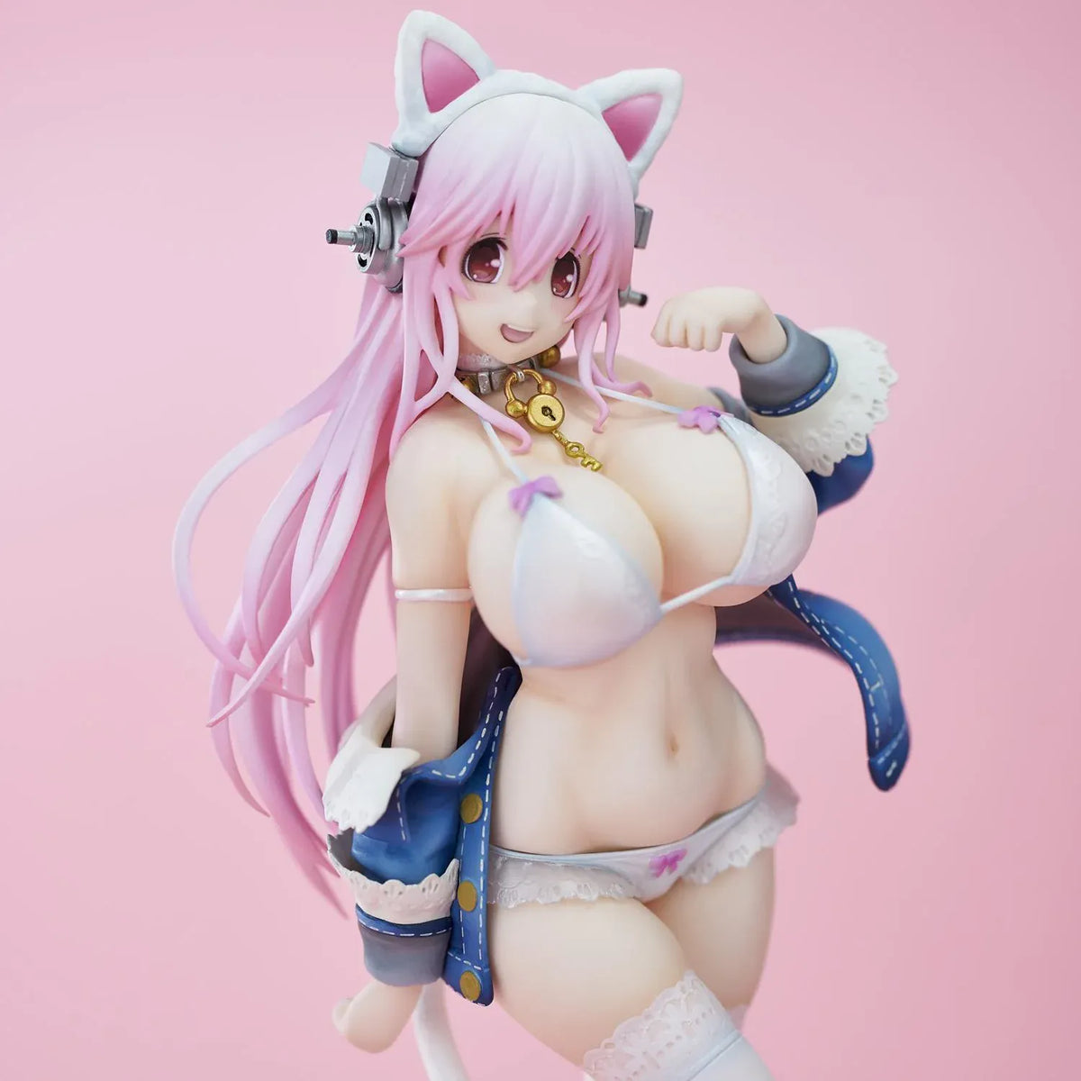 Super Sonico White Cat Ver. figure with pink hair, cat ears, glasses, blue jacket, white outfit, and milk bowl on a clear base.