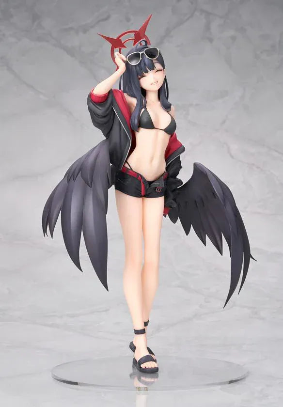 Blue Archive Ichika Swimsuit 1/7 scale figure wearing a black swimsuit, sporty jacket, sunglasses, and large black wings.