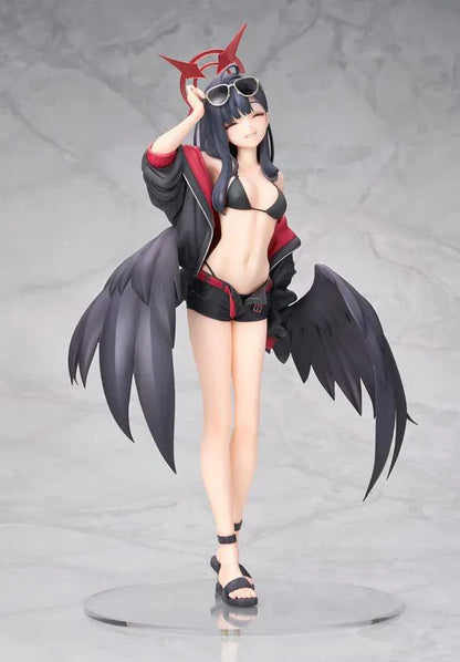 Blue Archive Ichika Swimsuit 1/7 scale figure wearing a black swimsuit, sporty jacket, sunglasses, and large black wings.