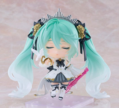 Hatsune Miku Nendoroid Hatsune Miku Symphony 10th Anniversary Ver. Figure featuring Miku with teal twin tails, white and black concert outfit, gold rose accents, and symphony-inspired details.