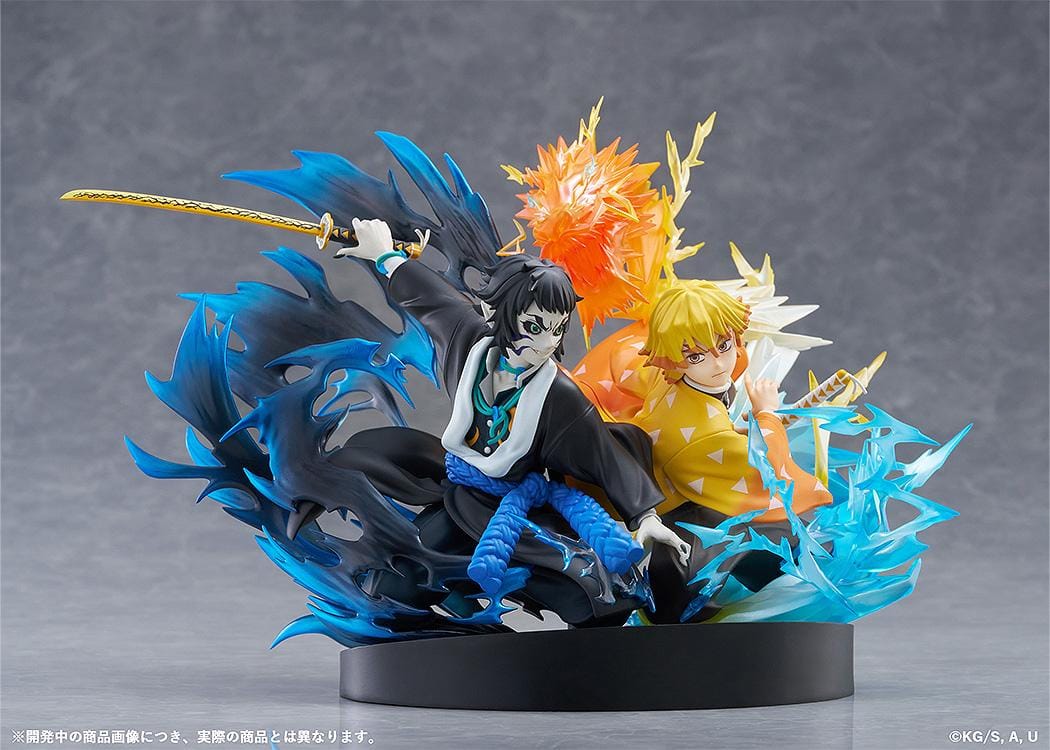 Zenitsu Agatsuma and Kaigaku Demon Slayer figure with lightning effects in dynamic battle pose