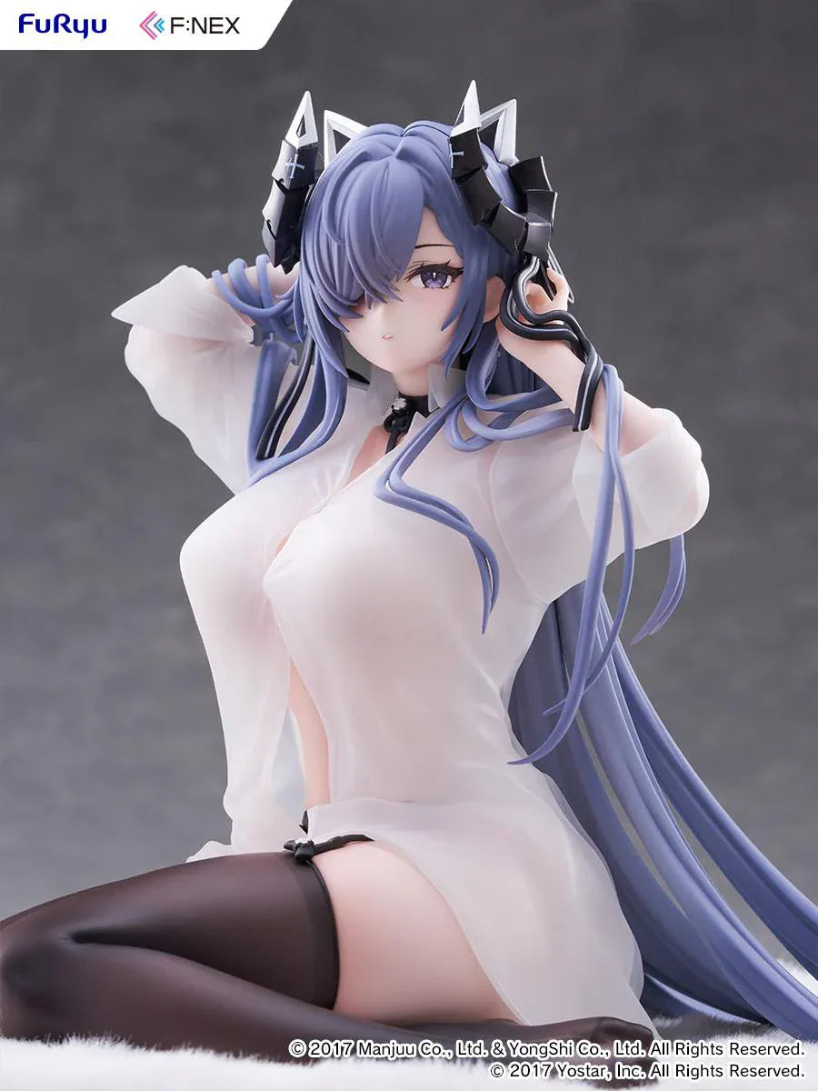 Azur Lane August von Parseval The Unhulde's Midday Respite 1/6 Scale Figure seated in white shirt with long blue hair and dark thigh-high stockings
