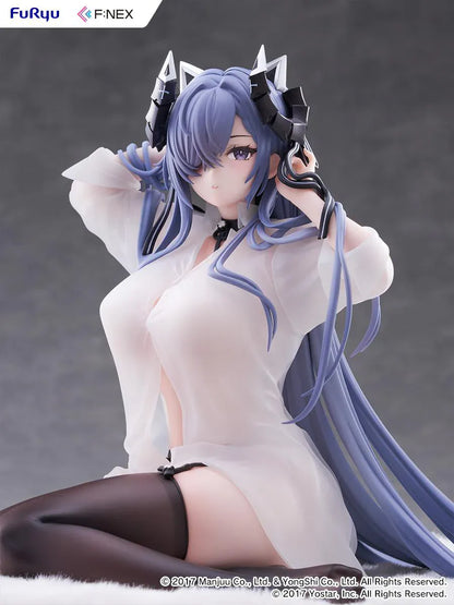 Azur Lane August von Parseval The Unhulde's Midday Respite 1/6 Scale Figure seated in white shirt with long blue hair and dark thigh-high stockings