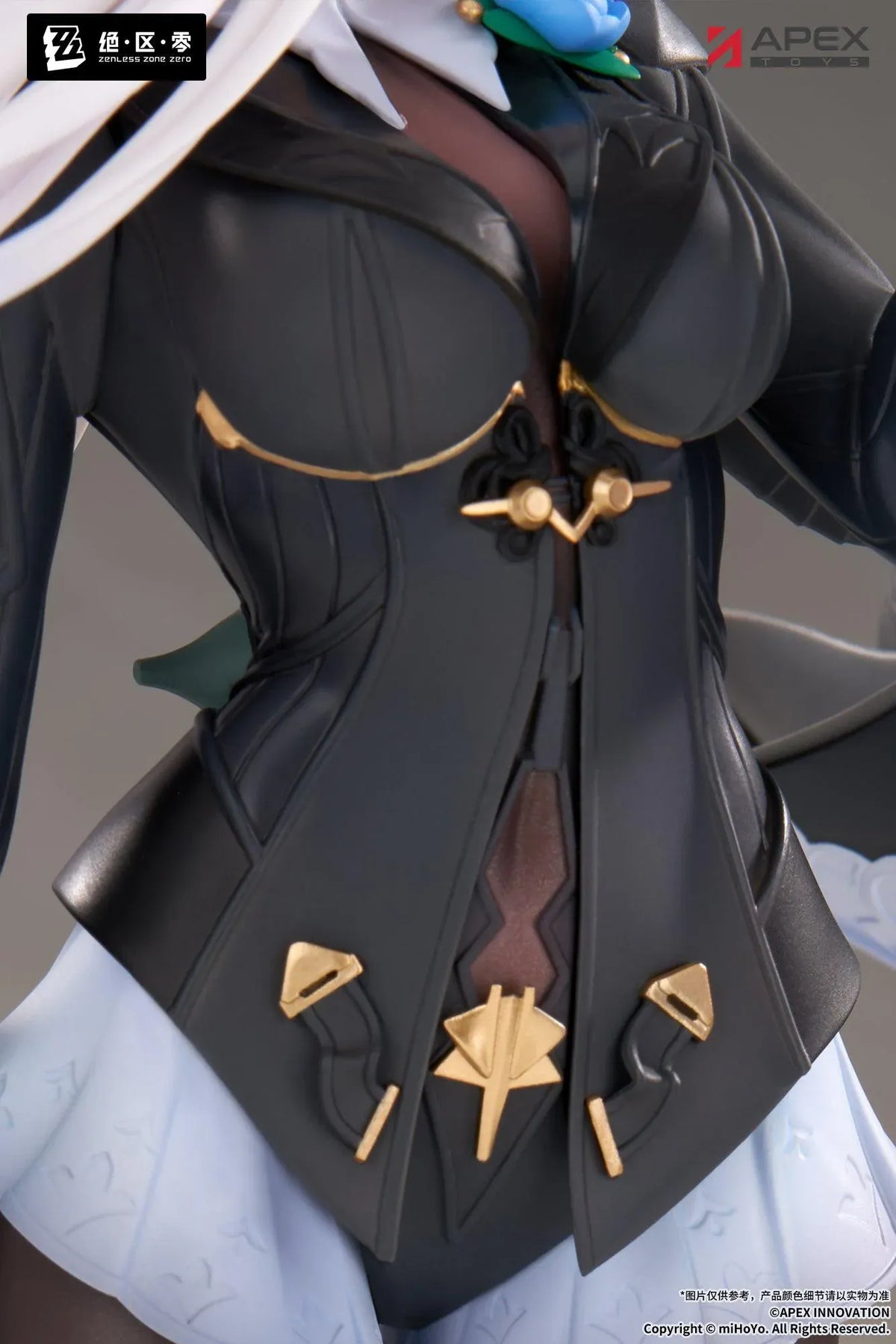 Zenless Zone Zero Limepie Yixuan Trails of Ink Ver. 1/8 Scale Figure by APEX Toys featuring a white-haired anime woman with golden eyes wearing a black outfit with white embroidered accents, sheer stockings, and black heels while holding a small brown bird on a circular display base.