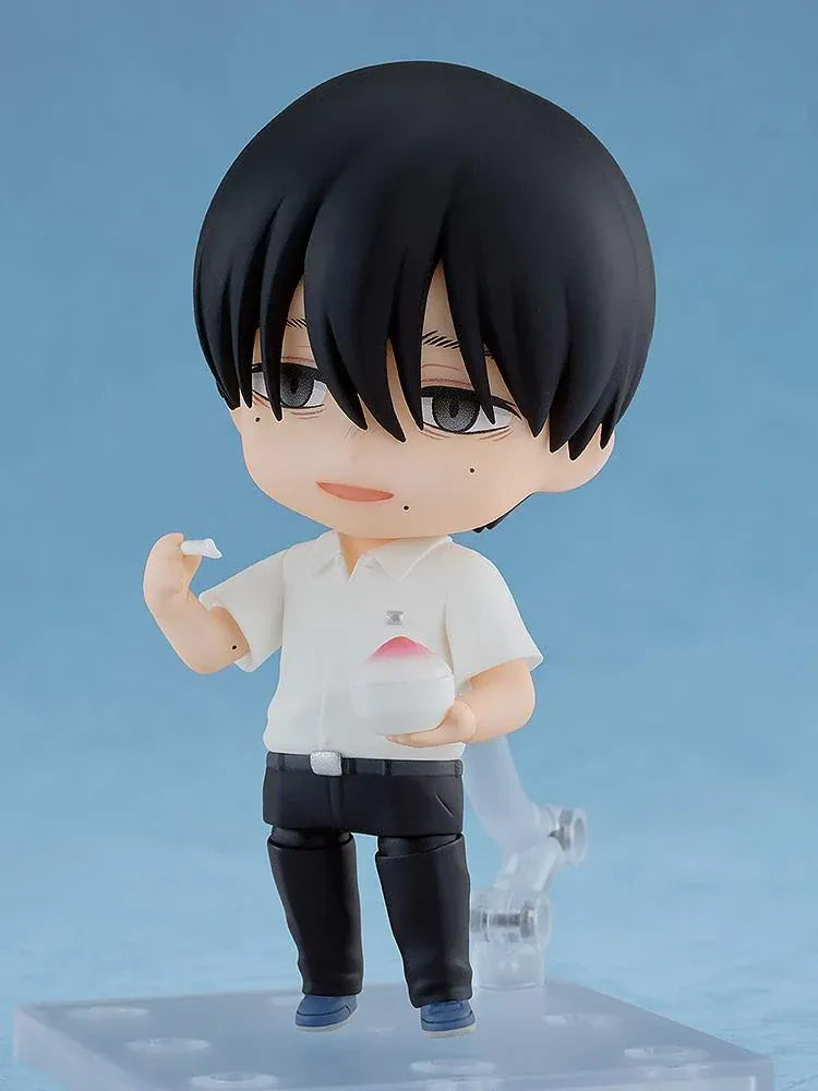 The Summer Hikaru Died Nendoroid Yoshiki Figure featuring a black-haired anime boy with gray eyes, a calm expression, white short-sleeved school shirt, dark pants, and blue-gray shoes in a cute chibi design.