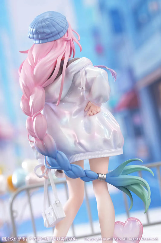 Honkai Star Rail Gift+ Cyrene Wonderful Holiday Ver. 1/8 Scale Figure featuring Cyrene with pink hair, pastel outfit, jacket, handbag, heart accent, and display base.
