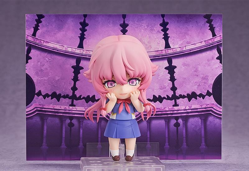 The Future Diary Nendoroid Yuno Gasai Figure rerelease featuring pink hair, school uniform, and chibi design with character accessories