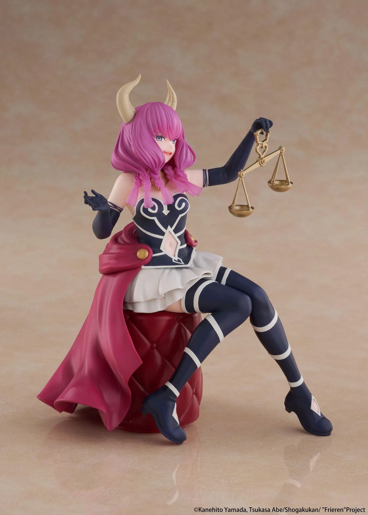 Desktop Cute Aura figure seated on a burgundy tufted stool, with purple hair, curved horns, a dark outfit, and golden balance scales held aloft.