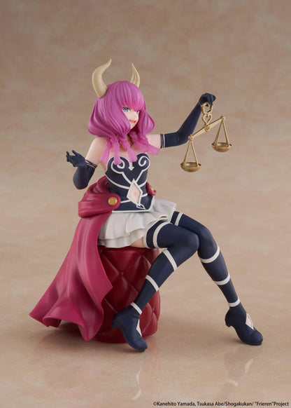 Desktop Cute Aura figure seated on a burgundy tufted stool, with purple hair, curved horns, a dark outfit, and golden balance scales held aloft.
