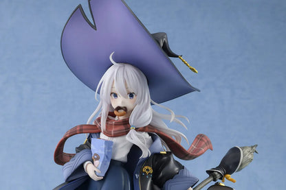 Wandering Witch The Journey of Elaina Elaina DX Ver. 1/7 Scale Figure Rerelease featuring Elaina seated on a bench with witch hat, broom, travel bag, cat, and stone-pavement display base.