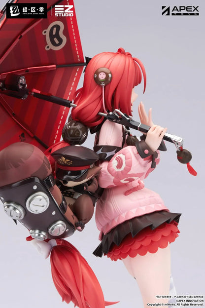Zenless Zone Zero Yuzuha Ukinami 1/7 Scale Figure by APEX Toys featuring a red-haired anime girl with long braided twin-tails, green eyes, a pink jacket, layered red skirt, striped thigh-high stockings, and black boots while holding a large red umbrella on a circular display base.