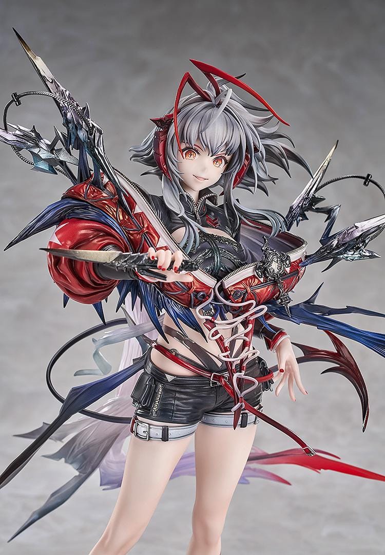 Arknights Wiš'adel 1/7 scale figure with silver-gray hair, red horns, a red-and-black outfit, angular weapon details, and a circular base.