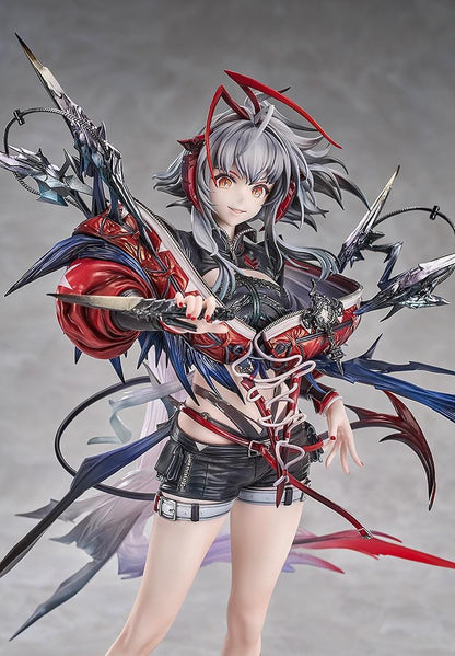 Arknights Wiš'adel 1/7 scale figure with silver-gray hair, red horns, a red-and-black outfit, angular weapon details, and a circular base.