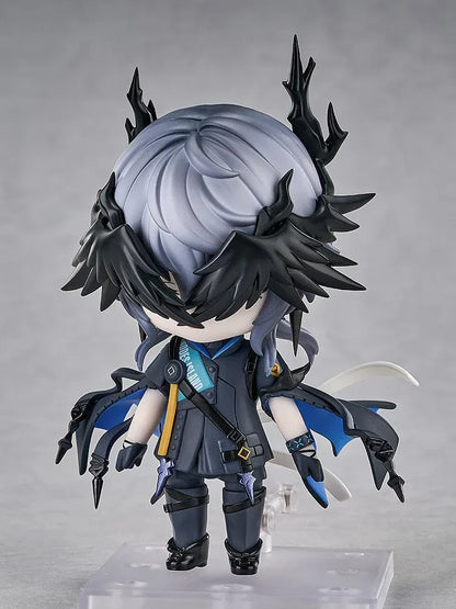 Arknights Logos Nendoroid figure with gray hair, pink eyes, black horn and feather-like details, and a dark coat with blue lining.