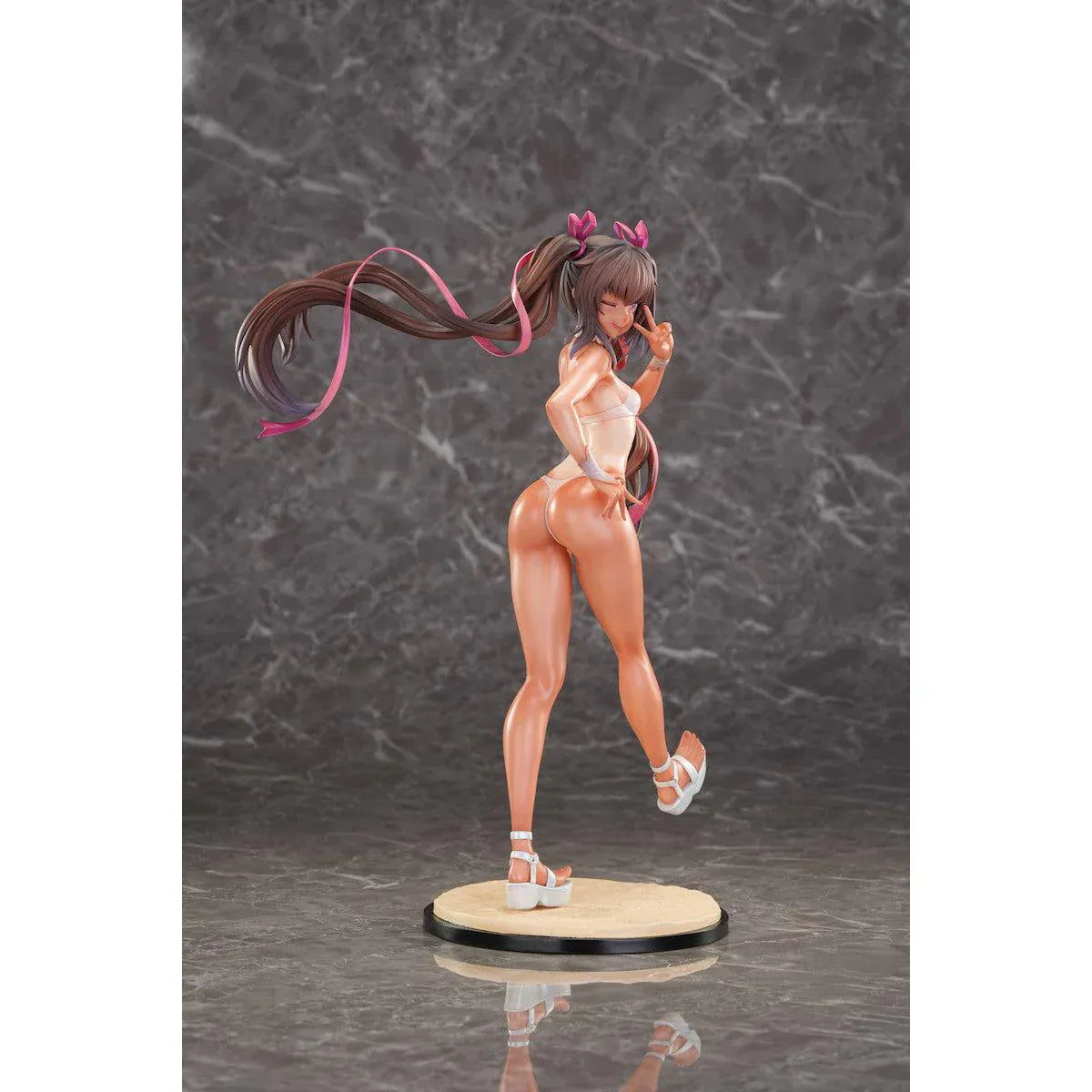 Taimanin RPG Adult Yukikaze Mizuki Swimsuit 1/6 Scale Figure featuring Yukikaze Mizuki in a white swimsuit-style outfit with twin-tail hair, pink ribbons, sandals, and display base.