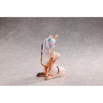 Astral Party Nancy Lu 1/6 Scale Figure featuring a black and white-haired anime girl with purple eyes wearing an orange leopard-print bodysuit, animal ears, and a spotted tail in a playful kneeling pose, accompanied by matching illustrated artwork.