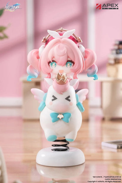 Honkai Star Rail Happy Shake Hyacine Non-Scale Figure by APEX Toys featuring a pink-haired anime girl with turquoise eyes riding a white winged companion with a golden crown and blue bow, mounted on a black spring and white circular base.