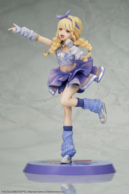 The Idolmaster Gakuen Kotone Fujita Re;IRIS Ver. 1/7 Scale Figure featuring Kotone with blonde twin braids, purple idol outfit, leg warmers, and themed display base.