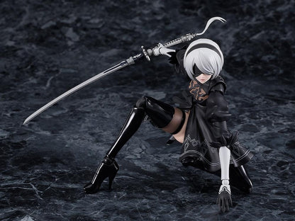 NieR Ver1.1a figma 2B figure with silver hair, a black visor, patterned black outfit, white sleeves, glossy boots, and a support robot.