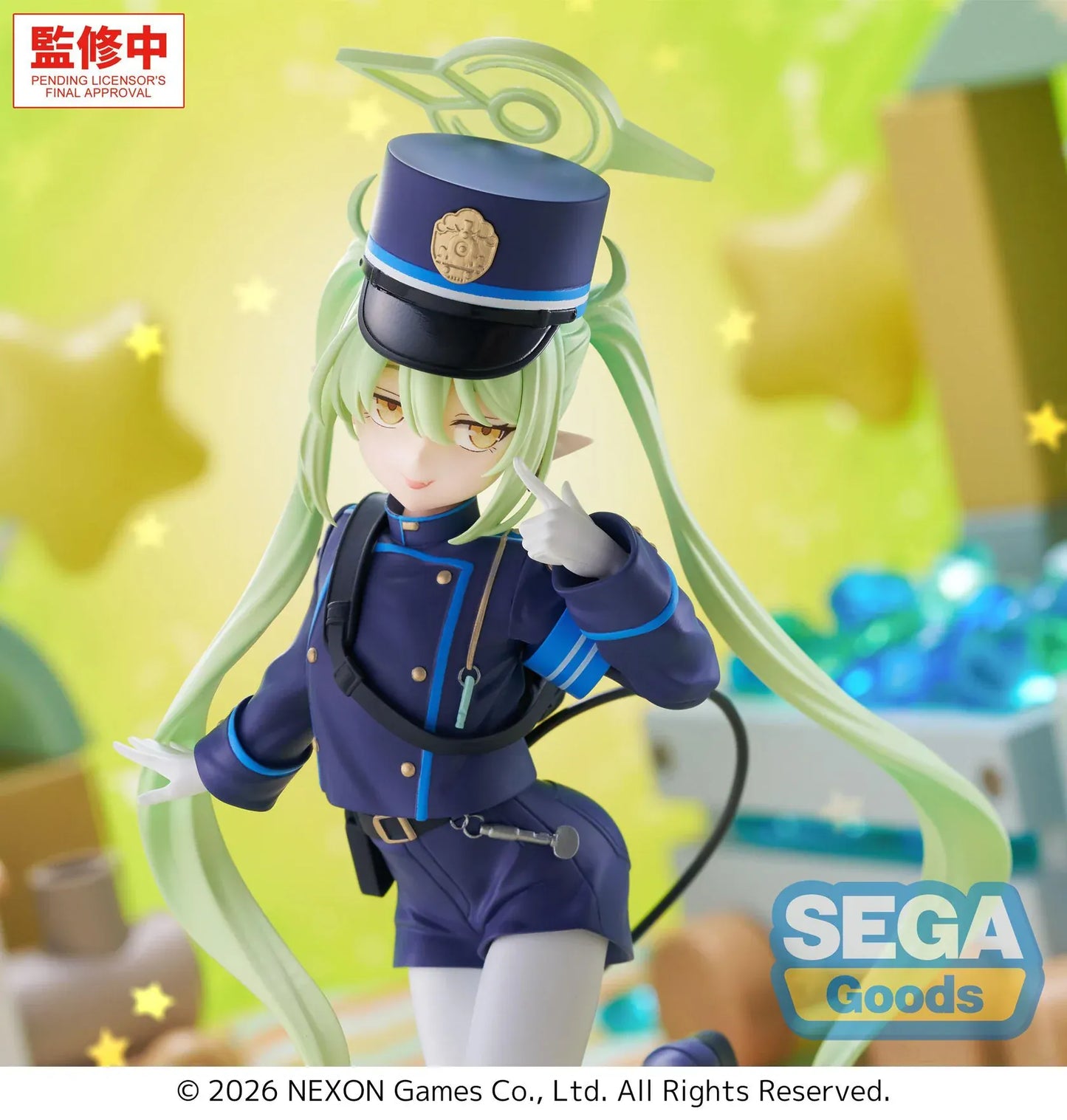 Blue Archive XStellar Nozomi Figure with green hair, uniform outfit, hat, and green crystal-style display base