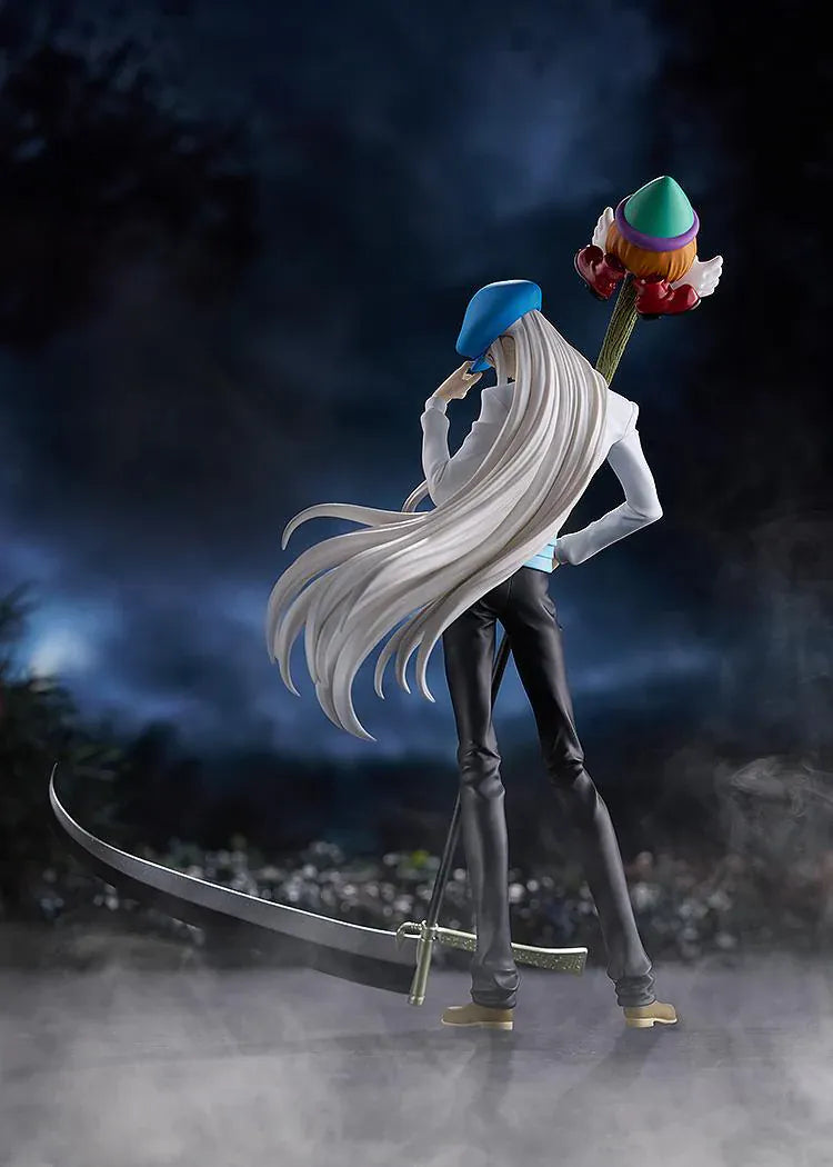 HUNTER x HUNTER POP UP PARADE Kcyytt Kite Figure featuring Kite with long silver hair, blue cap, white shirt, and large scythe weapon accessory.