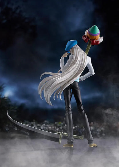 HUNTER x HUNTER POP UP PARADE Kcyytt Kite Figure featuring Kite with long silver hair, blue cap, white shirt, and large scythe weapon accessory.